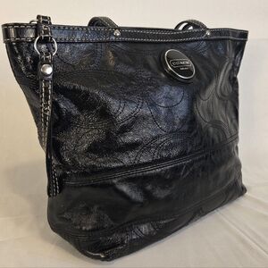 Coach Ashley Tote Black Leather Signature Stitching Handbag Shoulder Bag #F16142